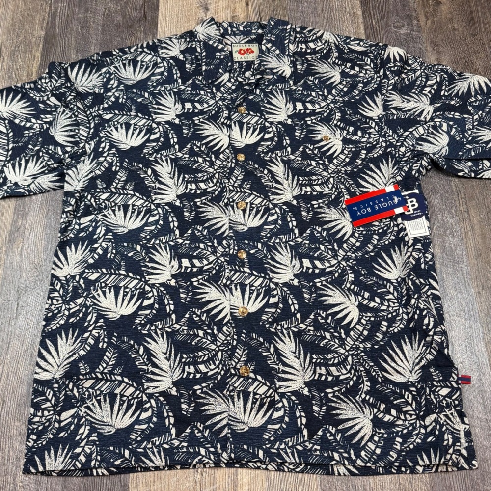 Bugle Boy Classics Mens L Silk Blend Tropical Palm Hawaiian Shirt Navy White NWT